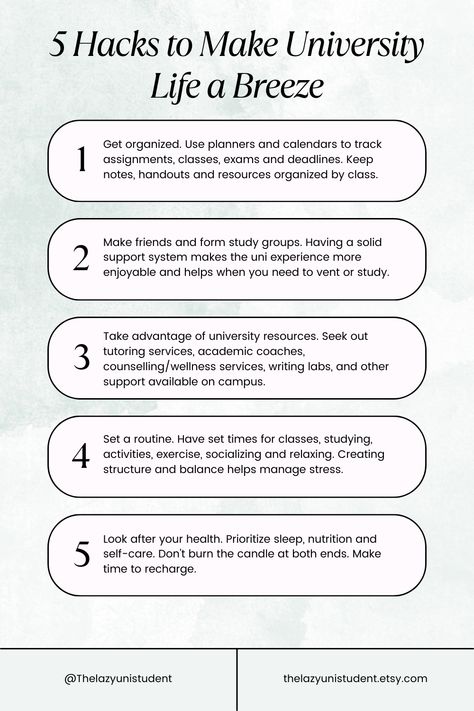 University can be tough, but you've got this! Use these tips and tricks to make student life easier. 💡 University may be challenging, but smart strategies like these can smooth the path. Save this pin and tap into campus resources when needed. Share your top university life hacks with fellow students below! ⬇️ Organisation, University Tips Organization, Student Tips University, How To Succeed In College, Masters Degree Tips, Uni Tips Student, Study Tips For University Students, Campus Life Aesthetic, Romanticizing University