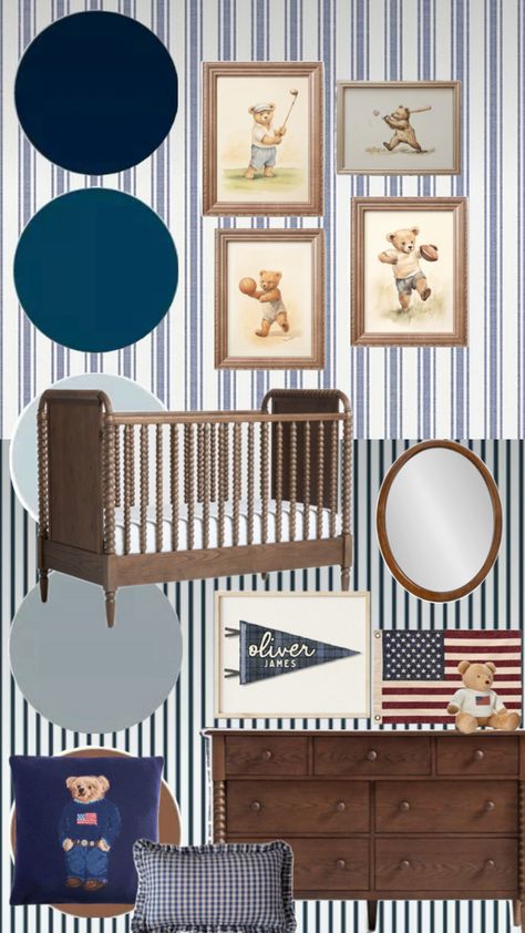 Boy Nursery Bookshelf Ideas, Polo Ralph Lauren Nursery, Colorful Nursery Boy, Modern Boy Nursery Ideas, Ralph Lauren Boy Nursery, Light Blue Boy Nursery, Old Money Boy Nursery, Vintage Ralph Lauren Nursery, Disney Theme Nursery