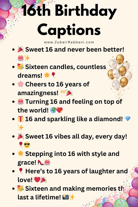 Happy 16th Birthday Captions For Instagram Sweet 16 Birthday Captions, 16 Birthday Captions, 16th Birthday Captions, Birthday Captions For Myself, Happy Birthday Captions, Birthday Captions Instagram, Cute Birthday Pictures, Happy 16th Birthday, Sweet 16 Birthday Party