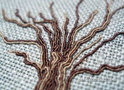 Hand Embroidered Tree- tutorial on creating a trunk from couched silk gimp thread Needlepoint Tree, Tree Hand Embroidery, Embroidery Trees, Embroidered Trees, Embroidery Tree, Embroidered Tree, Couching Stitch, Tree Tutorial, Tree Embroidery