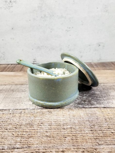 Handmade ceramic salt cellar with lid and small spoon. Blue glaze with matte finish. Clay Salt Dish, Salt Holder Ceramics, Salt Dish Ceramic, Ceramic Salt Dish, Salt Ceramic Pot, Pottery Salt Cellar, Ceramic Salt Cellar, Salt Cellar With Lid, Salt Cellar Ceramic