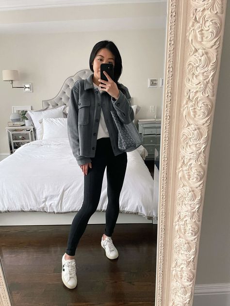 athleisure outfit with veja sneakers + leggings // cropped shacket for petites Veja Sneakers Outfit Fall, Ep Outfits, Sahm Wardrobe, Womens Outfit Inspiration, Shacket Outfit Women, Shirt Jacket Outfit, Business Casual For Women, Birkenstock Boston Outfit, Chic Athleisure Outfits