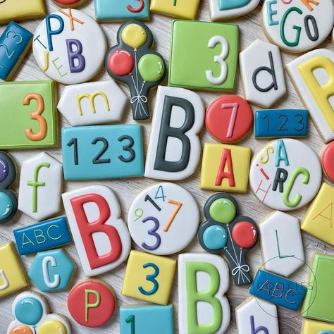 Cookies by Chelsea on Instagram: "This set was so fun to make! Lots of colors and extra time spent but worth it 🤩 #cookiesbychelsea #cookiedecorating #homebaker #wacotx #wacotxcookies #abc123 #birthdaytheme #birthdayparty" Abc Cookies, Teacher Cookies, Alphabet Birthday, Alphabet Cookies, Abc 123, Birthday Cookies, 3rd Birthday, Birthday Theme, Kid Names