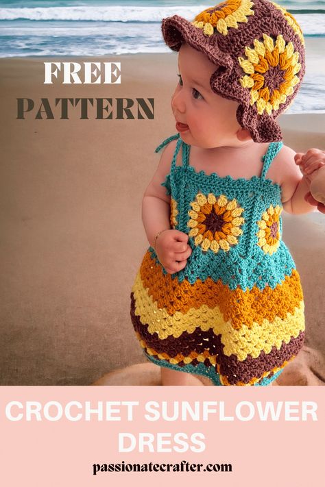 Crochet sunflower dress for babies and toddlers Crochet Sunflower Dress, Baby Sunflower, Crochet Baby Dress Free Pattern, Crochet Toddler Dress, Crochet Baby Projects, Granny Square Haken, Crochet Baby Dress Pattern, Sunflower Dress, Crochet Toddler