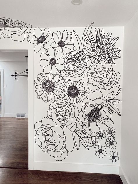 Flower Outline Wall Mural, Painted Accent Wall Kitchen, Diy Flower Wall Mural, Bee Wall Mural, Bedroom Murals Painted Diy, Farmhouse Mural, Line Art Mural, Zentangle Wall, Rose Mural