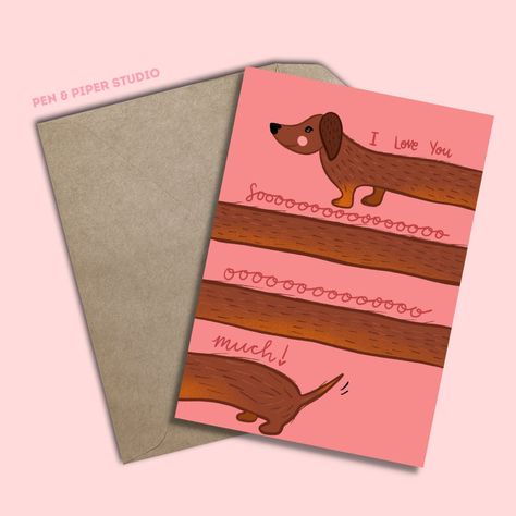 Hello, thank you for visiting Pen & Piper.  I am a Yorkshire based illustrator/designer. I love to create colourful and bold designs perfect for gifting!  A6 size 105mm x 148mm Sausage Dog greetings card perfect for giving to your special someone this Valentine's Day.  The card is blank inside and comes with a pink envelope.  If you have any questions please send me a message and don't forget to follow me on Instagram  @penandpiper_studio to keep up to date with my latest creations! Card For Loved Ones, I Love You Cards, I Love You Card, Thank You Card, Punny Cards, Creative Birthday Cards, Illustrated Cards, Watercolor Birthday Cards, Pink Envelope