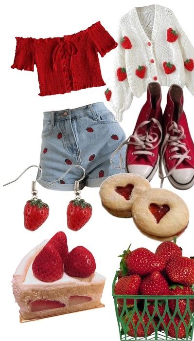 Strawberry Theme Outfit, Strawberry Girl Aesthetic Outfit, Strawberry Themed Outfit, Cherry Themed Outfit, Strawberry Festival Outfits, Fruit Themed Outfits, Strawberry Aesthetic Outfit, Bright Clothes Aesthetic, Strawberry Outfit Aesthetic