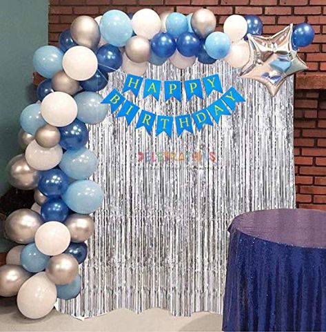 Boys Birthday Decorations At Home, White And Blue Birthday Decoration, Happy Birthday Set Up, Simple Blue Birthday Decorations, Simple Boy Birthday Decorations, Diy Birthday Decorations For Boys, Home Made Birthday Decorations, Blue And White Birthday Decorations, Bday Party Decorations At Home