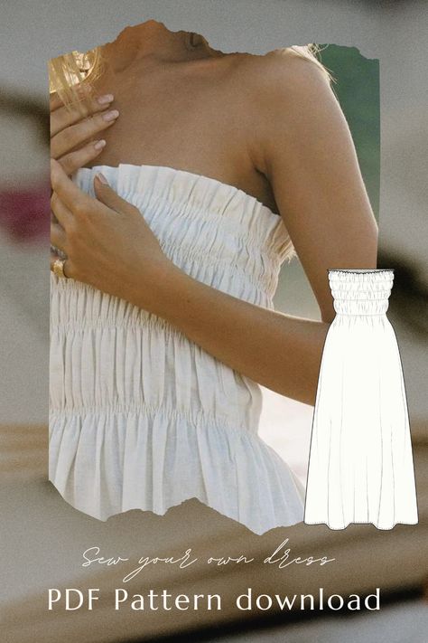 A shirred strapless summer dress for a pdf sewing pattern. Feminine woman in a long white linen dress. Shirring Dress Pattern, Summer Sewing Patterns For Women, Strapless Top Sewing Pattern, Shirred Top Pattern, Easy Dress To Sew, Easy Dress Pattern For Women, Sewing Summer Clothes, Mexico Wardrobe, Sew Summer Dress