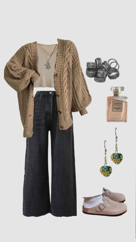 Ethereal Academia Outfit, Cute Cardigan Outfits Winter, How To Style A Jeans, Cardigan Outfit Inspiration, Aesthetic Outfits With Cardigans, Fall Style Ideas For Women, Cute Outfits With A Cardigan, Cottagecore Outfit For School, Cute Work Outfits Fall