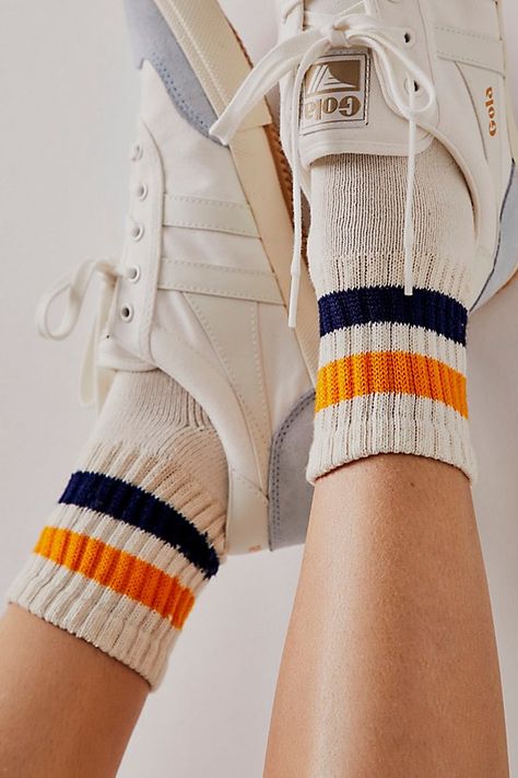 Simply sporty with true vintage flair, these American-made cotton quarter crew socks are the ultimate essential. **Fit:** Quarter crew length **Features:** Soft cotton blend, ribbed texture, seamed toe and heel, striped details **Why We | Retro Shortie Crew Socks by American Trench at Free People in Blue Aesthetic Socks, Socks Aesthetic, Tennis Socks, Vintage Socks, Sock Outfits, Ankle Socks Women, Elegant Shoes, Cute Socks, Striped Socks