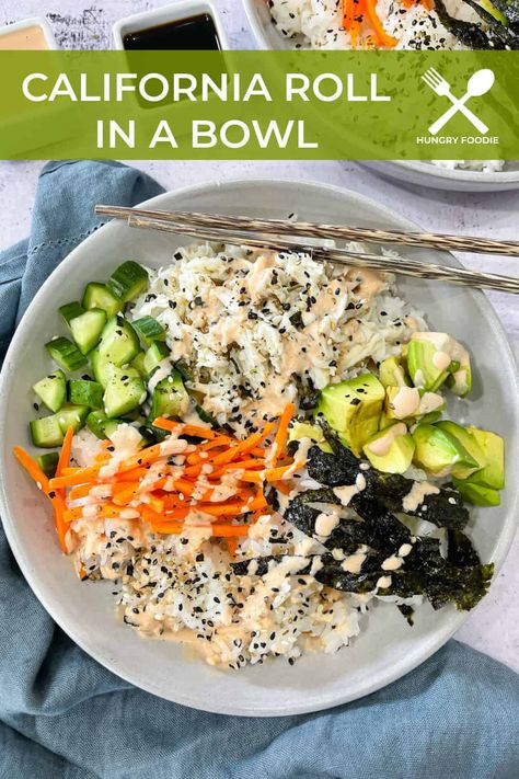 Sushi night at home just got a lot easier with this California Roll in a Bowl recipe. All the fresh and light flavors of a California roll, but in a deconstructed bowl version. Best of all, it can be made in less than 30 minutes and can be made keto, paleo, and even whole30 | Hungry Foodie California Roll In A Bowl, Dried Seaweed Recipes, Sushi Night At Home, Seaweed Snacks Recipes, California Roll Recipes, Asian Keto, Paleo Sushi, Keto Bowls, Deconstructed Sushi