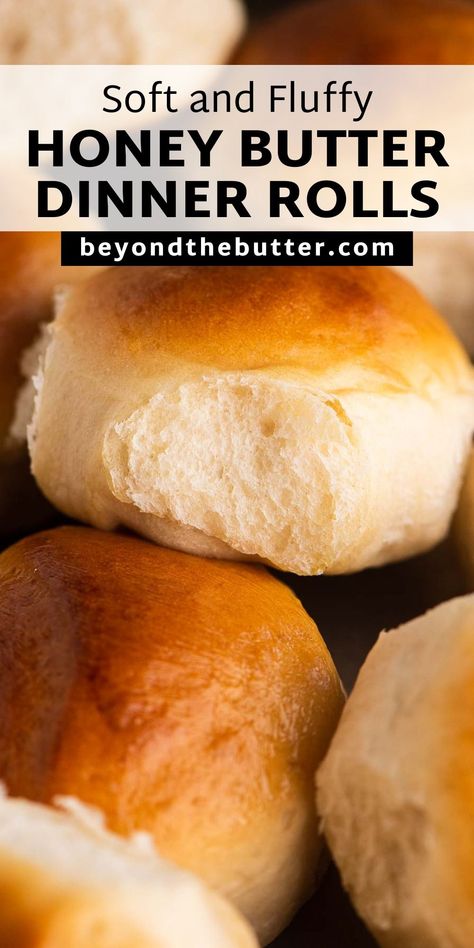 These soft and fluffy Honey Butter Dinner Rolls are a delicious way to complete your Thanksgiving feast! They're made with 7 simple ingredients, all of which are probably already in your pantry! Find the full recipe over on BeyondtheButter.com! Bread Recipe With Instant Yeast, Butter Dinner Rolls, Thanksgiving Dinner Rolls, Simple Bread Recipe, Bread Loaf Recipe, Artisan Bread Recipe, Homemade Honey Butter, Homemade Yogurt Recipes, Thanksgiving Rolls