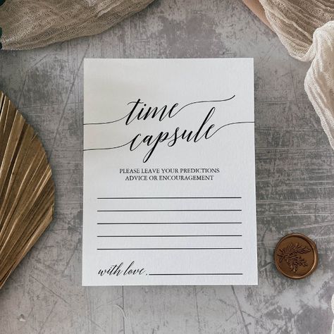 Elegant Black Calligraphy Time Capsule Cards Anniversary Time Capsule, Wedding Time Capsule, Simple Wedding Reception, Wedding Reception Activities, Whimsical Typography, Black Calligraphy, Wedding Advice Cards, Minimalist Card, Elegant Wedding Reception