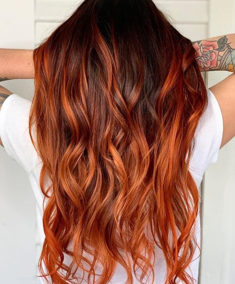 Long Straight Copper Hair, Brown And Orange Balayage, Sunflower Balayage Hair, Brunette And Ginger Hair, Brunette To Ginger Balayage, Copper Orange Balayage, Brown To Orange Balayage, Red Balayage Brown Hair, Brunette And Copper Balayage