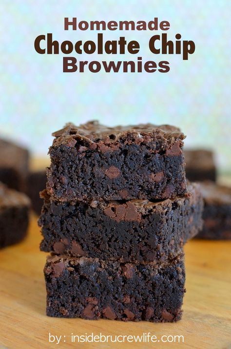 Homemade Chocolate Chip Brownies - dark, rich brownies will help satisfy those chocolate cravings http://www.insidebrucrewlife.com Zucchini Slaw, Grape Chicken, 7up Cake, Coffee Fudge, Chocolate Chip Brownies, Banana Slices, Homemade Chocolate Chips, Strawberry Mousse, Hershey's Chocolate