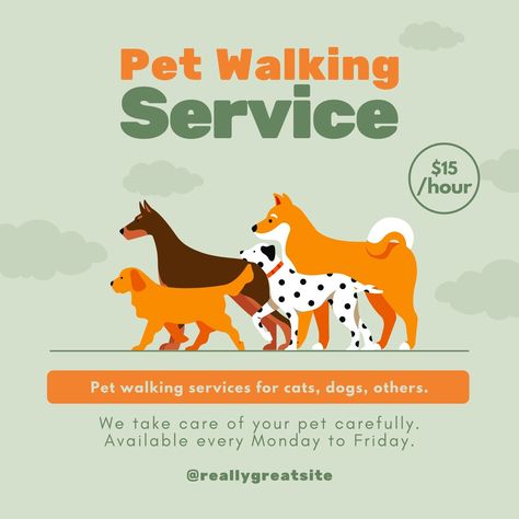 Pet Walking Service Instagram Post - Templates by Canva Dog Walker Instagram, Dog Walking Flyer, Dog Trick, Pet Advertising, Dog Walking Business, Pet Resort, Graphic Design Infographic, Pet Logo Design, Dog Hacks