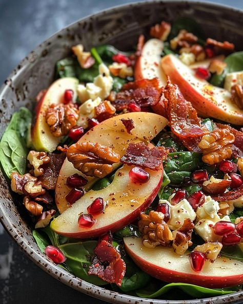 Enjoy a taste of autumn with this vibrant Spinach and Apple Salad topped with creamy Gorgonzola and sweet-spicy candied walnuts! Gorgonzola Cream Sauce, Salad Apple, Sandwich Melts, Tzatziki Chicken, Red Delicious Apples, Brunch Desserts, Beetroot Salad, Salad Toppings, Walnut Salad