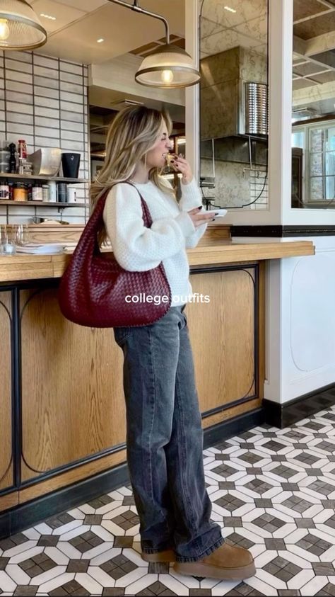 Brown Suded Boots Outfit, Red Bag Aesthetic Outfit, Light Bootcut Jeans Outfit, Fall Outfits2024, Dark Red Bag Outfit, Dark Red Aesthetic Outfit, Red Shoulder Bag Outfit, Woven Bag Outfit, Red Bag Aesthetic