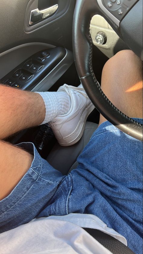 Airforces, tall white socks, blue jean shorts, jorts, car pics White Boy Aesthetic, Black Mask Aesthetic, Korean Street Fashion Men, Start Day, Gentleman Aesthetic, Sneakers And Socks, Car Pics, Money Aesthetic, White Socks