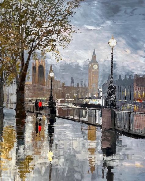 Paul Kenton on Instagram: "London Southbank. #london #art #painting #artist" London Landscape Painting, London Oil Painting, London Painting Acrylic, Places And Spaces Gcse Art, London Art Drawing, Big Ben Painting, Impressionism Architecture, Surroundings Art, Urban Landscape Art