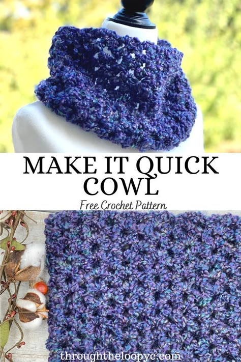 Do you have some Lion Brand Homespun yarn in your stash, and you’re not quite sure how to use it? The Make It Quick Crochet Cowl is a perfect way to use it for a cozy cowl for yourself or as a gift! Crochet Cowls Easy, Crochet Cowl Bulky Yarn, Chunky Crochet Scarf Free Pattern, Crochet Cowl Scarf Free Pattern, Crochet Snood Free Pattern Simple, One Skein Crochet Cowl, Cowl Neck Scarf Pattern, Easy Crochet Cowl Pattern Free Simple, Simple Crochet Cowl Pattern Free