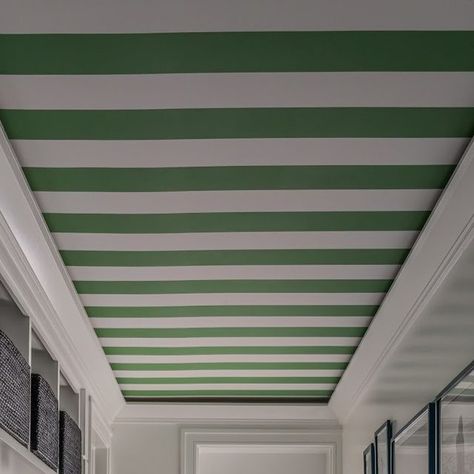 Megan Gorelick Interiors on Instagram: "I guess we kinda have a thing for stripes on the ceiling?! • • • #megangorelickinteriors #interiordesign #mudroom #laundryroom" Megan Gorelick Interiors, Coloured Ceilings, Architecture Ceiling Design, Stripe Ceiling, Striped Hallway, Striped Ceiling, Painting Stripes On Walls, Painted Hallway, Architecture Ceiling