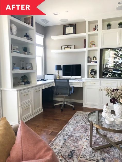 Before and After: This Wasted Space Got a Super Functional Makeover (and a Herringbone Feature Wall) | Apartment Therapy Office And Den Combo, Office Tv Room Combo, Herringbone Feature Wall, Dual Office, Living Room Office Combo, Studio In Casa, Bedroom Built Ins, Office Built Ins, Muebles Living