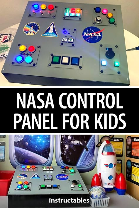 Build a fun NASA control panel for kids with LEDs and various buttons and switches. #Instructables #electronics #technology #Arduino #lasercut Spaceship Decorations Diy, Diy Space Station, Nasa Room Ideas, Mission Control Room, Nasa Classroom Theme, Diy Mission Control Panel, Diy Space Control Panel, Diy Control Panel, Diy Spaceship Control Panel