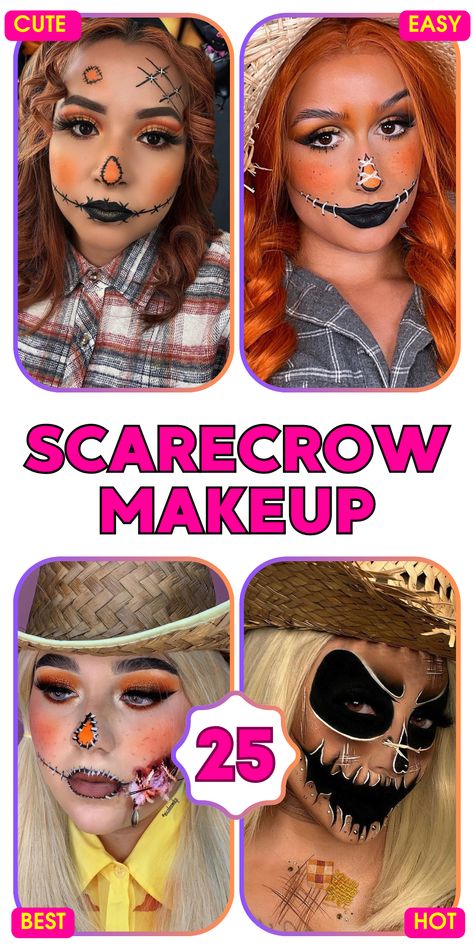 Discover 25 scarecrow makeup ideas for Halloween, featuring cute and easy designs for women and kids. From simple and spooky looks to pretty and scary, find quick and easy DIY tutorials perfect for any skill level. Explore creative scarecrow makeup art, including zombie and pumpkin themes, friendly and pretty styles, and Halloween art makeup ideas. Whether you're dressing up for a costume party or trick-or-treating, these scarecrow makeup ideas are perfect for a quick and impressive ... Scary Scarecrow Makeup, Pretty Scarecrow, Scarecrow Makeup Ideas, Halloween Diy Tutorials, Spooky Scarecrow, Scarecrow Halloween Makeup, Makeup Ideas For Halloween, Easy Diy Makeup, Black Face Paint