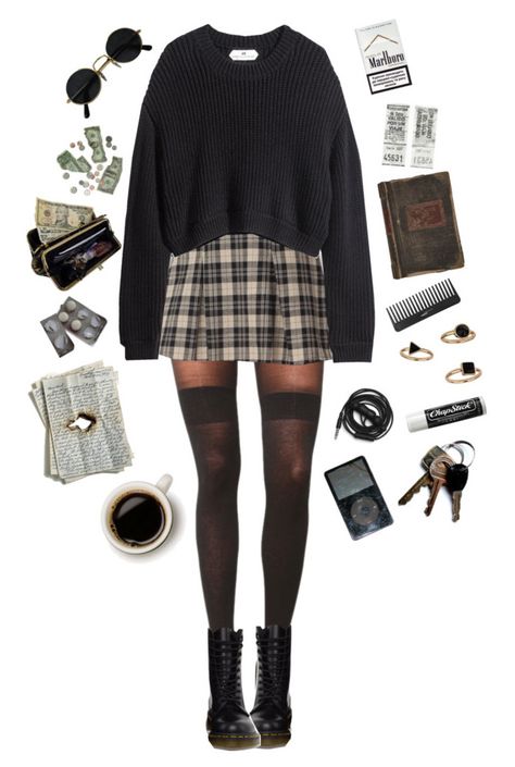 "lost in thought" by aininsofeas ❤ liked on Polyvore featuring Pretty Polly, H&M, Jayson Home, Sephora Collection, Chapstick, Urbanears, Bullet, AmeriLeather, Dr. Martens and black Academia Fashion, Lost In Thought, Rock Punk, Sephora Collection, Mode Inspo, Alternative Outfits, Soft Grunge, Back To School Outfits, Edgy Outfits