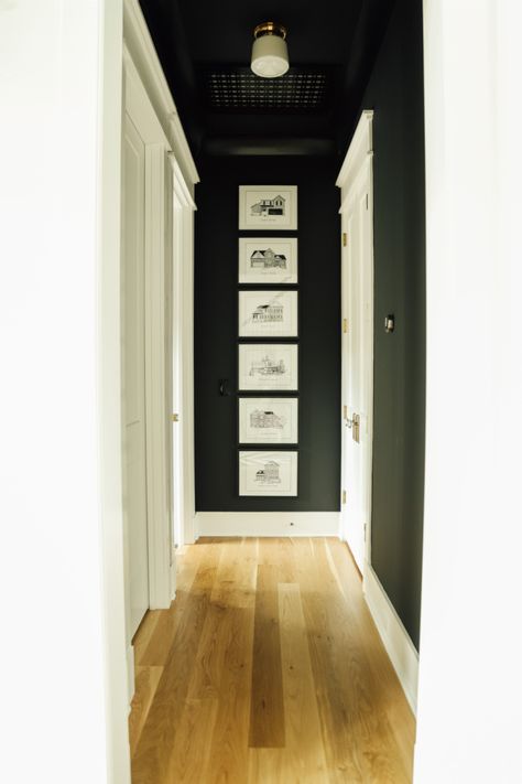 Before and After – Hallway Ceiling Black Walls Hallway, Black And White Hallway, Family Photo Gallery Wall, Painted Hallway, Hallway Paint Colors, Black Hallway, Black Painted Walls, Hallway Ceiling, Hallway Paint