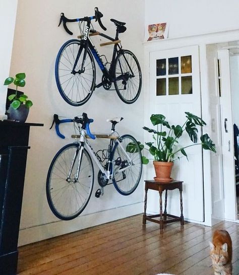 Vertical Storage Solutions and 27 Ideas - GoTinySpace Bike Storage Small Space, Bike Wall Storage, Storage Solutions For Small Spaces, Bike Storage Apartment, Wall Mount Bike Rack, Bike Rack Wall, Gear Room, Bike Wall Mount, Bike Storage Rack