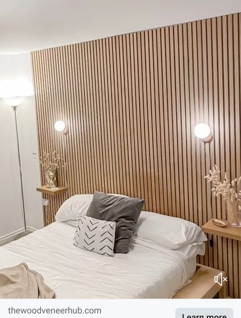 Slat Wall Above Bed, Wood Design Behind Bed, Pole Wrap Bedroom Wall, Diy Wood Slat Headboard, Wooden Panel Bed, Daisy Bedroom, Light Gray Bedroom, Headboard With Shelves, Beige Bedroom