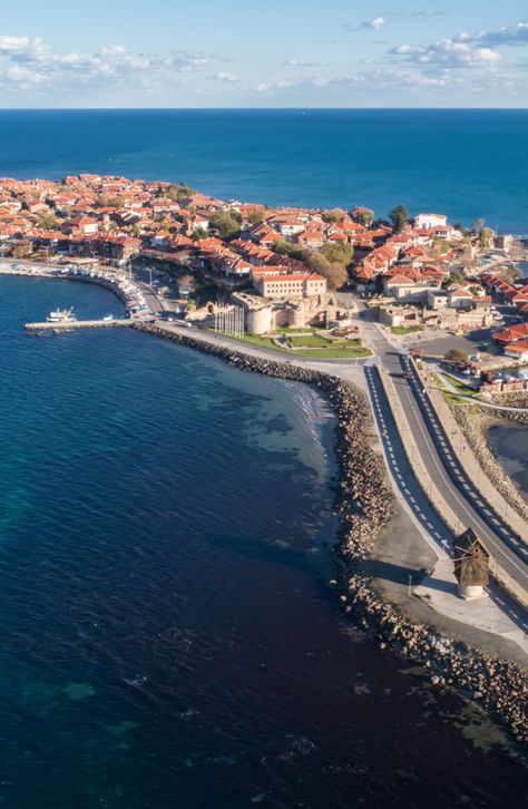 General view of Nessebar, ancient city on the Black Sea coast of Bulgaria. Panoramic aerial view. Sea Coast, Places In Europe, Ancient City, Black Sea, Ancient Cities, Most Beautiful Places, Aerial View, Bulgaria, The Black