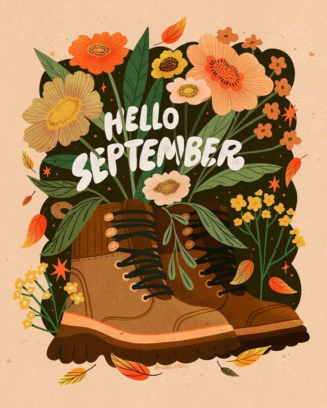 Nothing feels better than diving back into autumn color palettes 🥹 happy September friends! . . . #artistsoninstagram #illustrator #ladieswhodesign #womenwhodraw #illustration #womenofillustration #creativityfound #womenwhodraw #digitalart #digitaldrawing #procreateartist #illustrationartists #autumn #fallvibes #september #hikingboots Hello Autumn Illustration, Cottagecore Quotes, Happy September, Hello September, Hello October, Autumn Illustration, Happy Hippie, Fall Color Palette, Illustration Artists