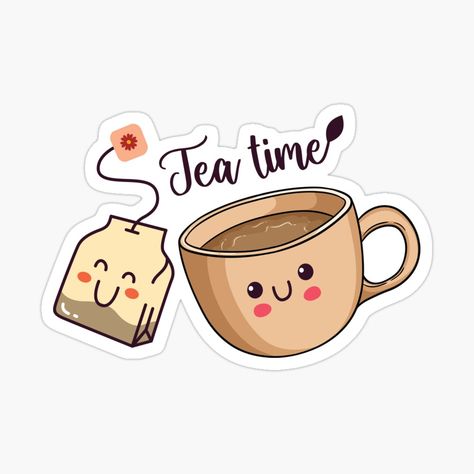 Tea Cup Sticker, Tea Kettle Illustration, Tea Stickers Aesthetic, Tea Stickers Printable, Tea Cartoon, Daily Stickers, Tea Time Illustration, Coffee Cup Drawing, Tea Stickers