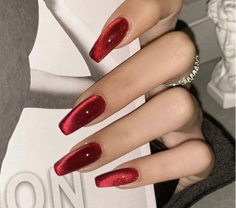 Dark Red Cat Eye Shiny Press On Nails Red Nails Acrylic Cat Eye, Coffin Wine Red Nails, Red Glass Nails Acrylic, Bright Red Cat Eye Nails, Christmas Nails Red Cat Eye, Glassy Red Nails, Red Cat Eye Almond Nails, Red Cat Eye Nails Design Square, Cateyes Nails Design Red