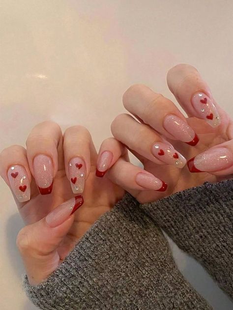 Red Coffin Nails Design, Red Grad Nails, Elegant Nails Square, Red Nails Rhinestones, Nails Inspiration Valentines, Red French Tip Nails With Design, Foot Nail Designs, Nail Art Designs Coffin, Red Cute Nails