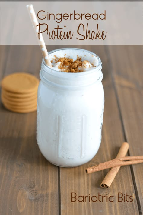 Gingerbread Protein Shake with cookies and cinnamon sticks. Gingerbread Protein Shake, Eggnog Protein Shake, Cookie Protein Shake, Bariatric Protein Shakes, Gingerbread Protein, Bariatric Protein, Protein Drink Recipes, Pancakes Protein, Premier Protein Shakes