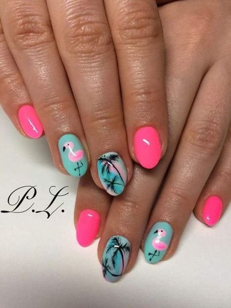 Flamingo Nails, Palm Tree Nails, Beach Nail Designs, Summer Nails Beach, Nagellack Trends, Tropical Nails, Tree Nails, Pedicure Designs, Nail Art Designs Summer