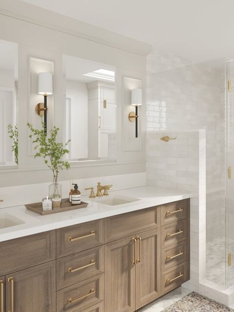 Lone Tree Primary Bathroom — Signature Designs Classic Bathroom Remodel, Neutral Bathroom Colors, Small Half Bathroom, Master Bath Tile, White Bathroom Cabinets, Timeless Bathroom, Primary Bathroom, Brown Bathroom, Lone Tree