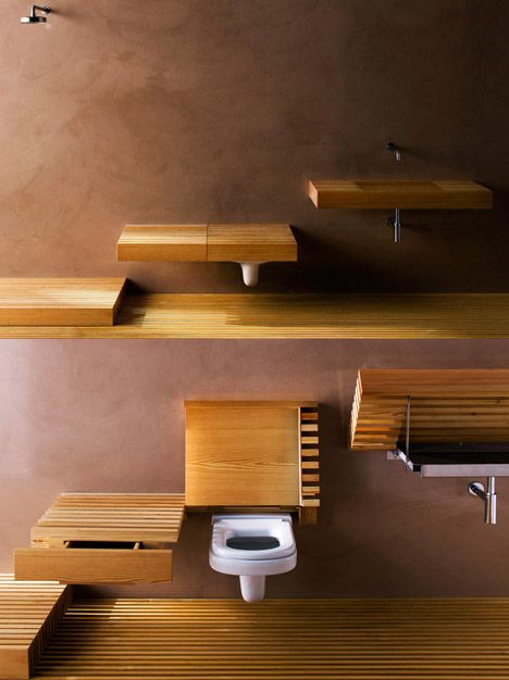 http://plataformadesign.com/?p=538  hidden toilet/bathroom Small Cabin Bathroom, Small Bathroom Decorating Ideas, Small Bathroom Decorating, Affordable Bathroom Remodel, Hidden Toilet, House Structure Design, Electric Toilet, Space Saving Bathroom, Barn Kitchen