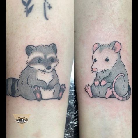 Cutest lil' dumpster duo🦝 . "BFF tattoos for Mars and Rebecca!! " by apprentice @damondemonink😈 . . #raccoontattoo #possumtattoo #bestfriendtattoos #tattoo #alchmeytattoocollective #tattooapprentice #tattooideas #stlouistattoos #midwesttattoos #stlouistattoartist #cherokeestreet #freshink #tattoos Best Friend Tattoos Animals, Possum And Raccoon Art, Cute Matching Animal Tattoos, Matching Possum Tattoos, Raccoon And Possum Matching Tattoo, Small Opossum Tattoo, Raccoon And Opossum Tattoo, Cute Animal Tattoo Ideas, Tattoo Ideas Raccoon