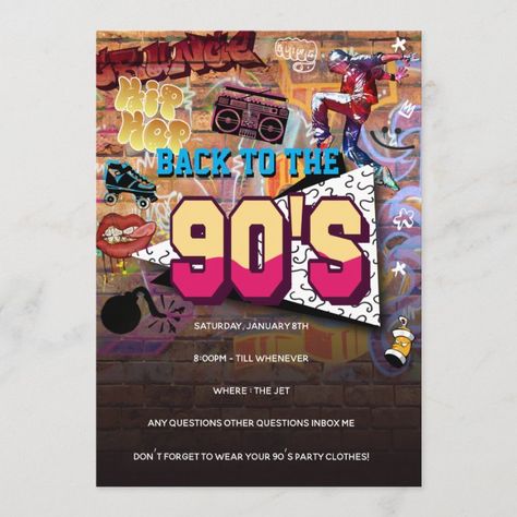 90's Party Birthday Invitation | Zazzle.com 90s Birthday Party Theme For Adults, 90s Party Flyer, 90s Party Invitation, Birthday 25, Throwback Party, Talk To The Hand, 90s Party, Birthday Flyer, Custom Napkins