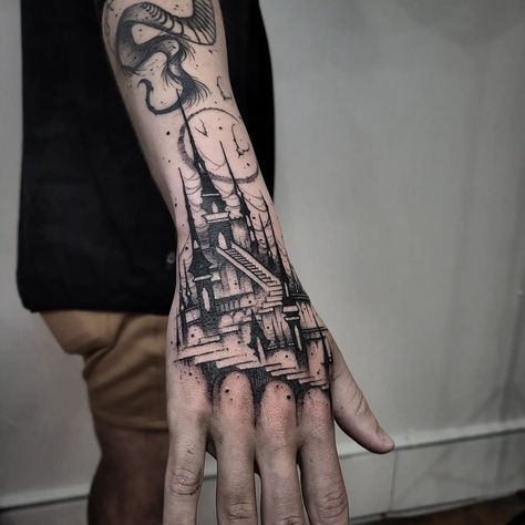 Castle Hand Tattoo, Dark Tattoo Sketch, Castlevania Tattoo Ideas, Castlevania Tattoo, Draculas Castle Tattoo, Dark Castle Tattoo, Gothic Building Tattoo, Gothic Tower Tattoo, Cathedral Tattoo Gothic