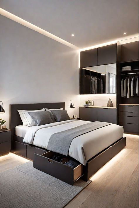 Luxury Bedroom With Sitting Area, Decluttered Bedroom, Modern Sleeping Room, Small Room Inspo Minimalist, Small Modern Bedroom Ideas, Small Modern Bedroom, Male Bedroom Ideas, Bedroom Ideas Modern, Minimalist Ideas