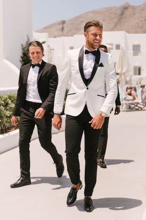 Grooms White And Black Suit, Men Suit For Wedding Groom, Black And White Mens Tuxedo, White And Black Suits For Men, Man White Suit Wedding, Groomsmen Black And White Attire, White Suit Groom & Groomsmen Suits, Men Tux Wedding, White Tux Top Black Pants Men