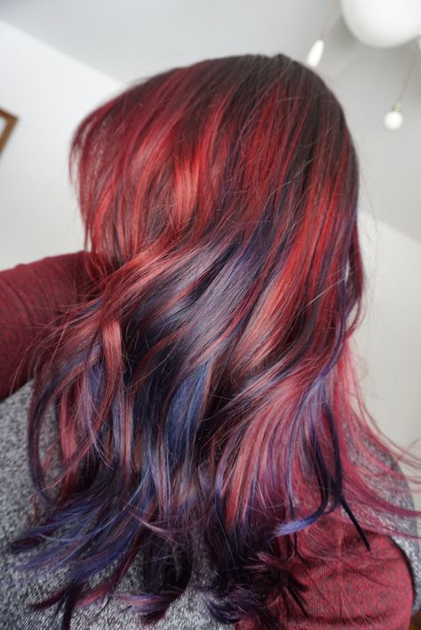 Red to blue balayage. Red And Blue Balayage Hair, Red Blue Ombre Hair, Red Hair With Blue Underneath, Blue Highlights In Red Hair, Auburn Hair With Blue Highlights, Red Hair Blue Highlights, Fall Fashion Color Hair, Red And Blue Hair Ombre, Red Hair With Blue Highlights