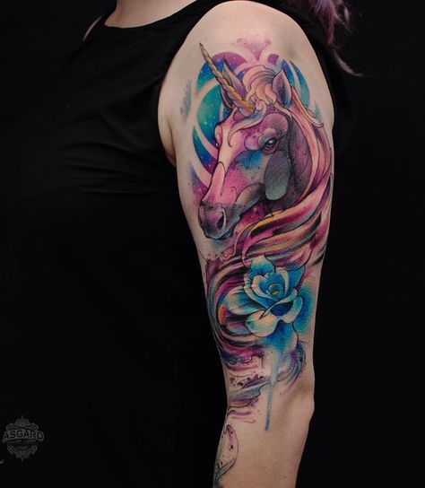 Unicorn Tattoo Designs, Rose Tattoo On Arm, Unicorn Tattoo, Unicorn Tattoos, Dragon Tattoo Designs, Best Sleeve Tattoos, Half Sleeve Tattoo, Symbolic Tattoos, Fake Tattoos